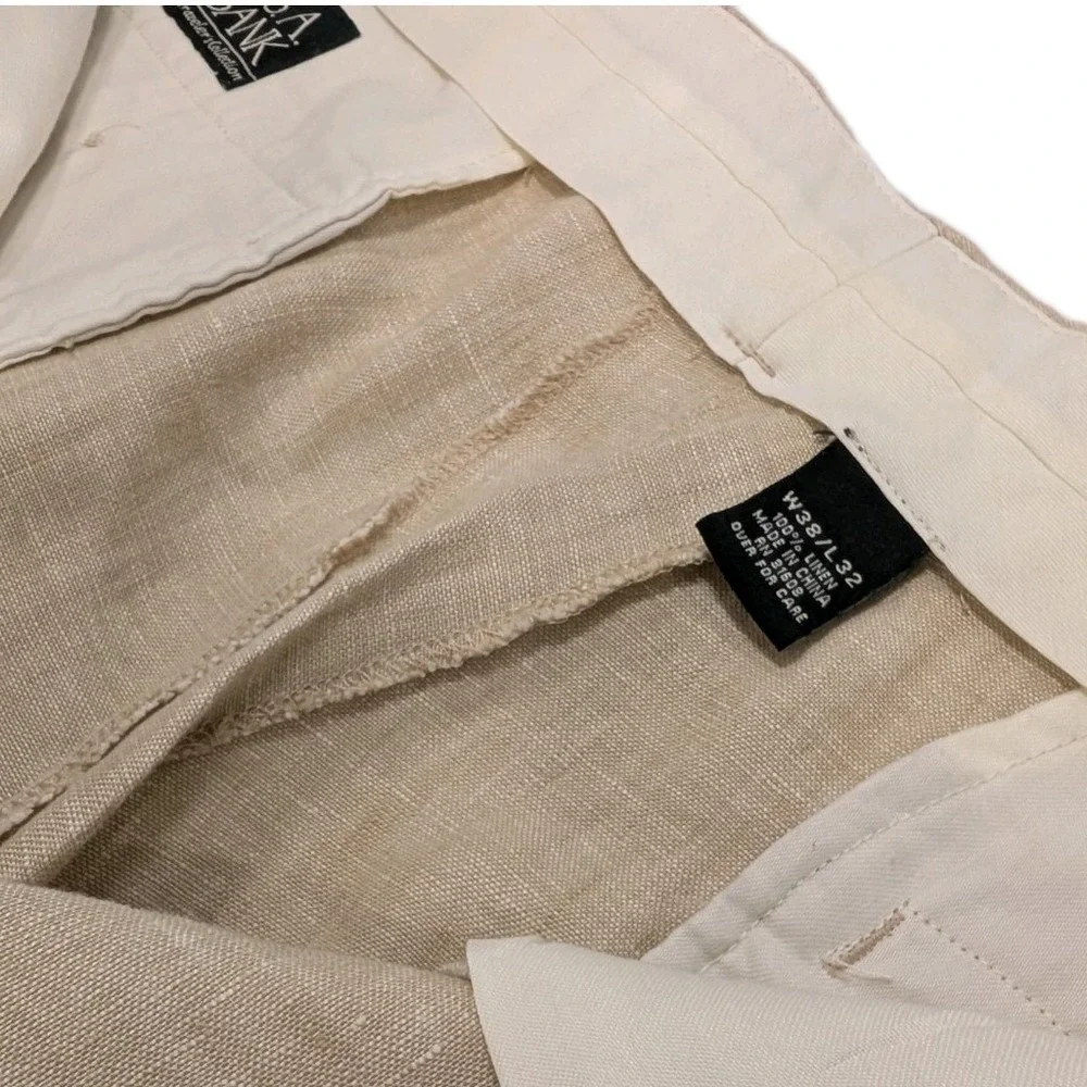 Jos A‎ Bank 38x32 Khaki 100% Linen Travelers Pleated Cuffed Mens Pants